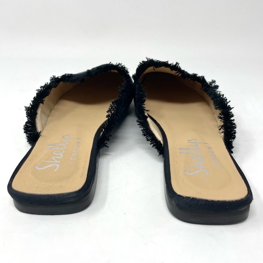 Shellys London Fringe Trim Blunt Toe Slip On Black Fabric Mules Size 37/7 - Picture 5 of 10